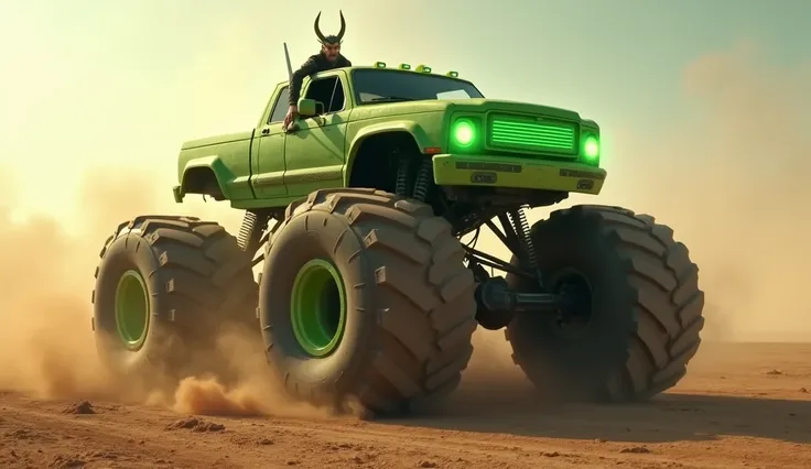 Loki hops into a monster truck with giant tires and glowing green accents. The truck revs loudly as he spins donuts in a dirt field, kicking up a dust storm.