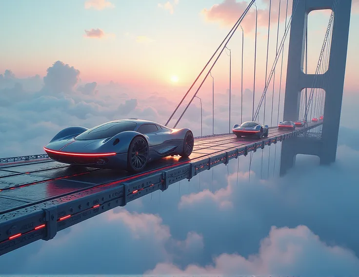 cars over crazy suspension bridge, in the sky