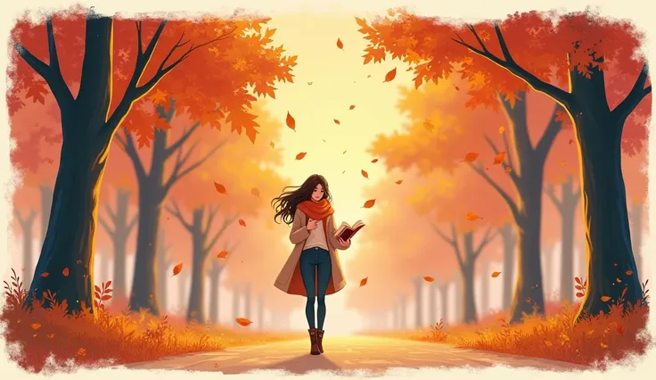 A stylized card design featuring a single female character inspired by Chillhop music and Sunset Stroll. The character is depicted walking through a quiet park path, holding an open book in one hand and glancing at its pages. She wears a light scarf, an ov...