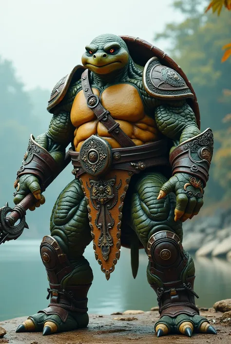  high quality,  8k Ultra HD, a muscular turtle warrior in armor,  on two legs with a combat staff in its hands, with a beautiful lake in the background ,  from the front  