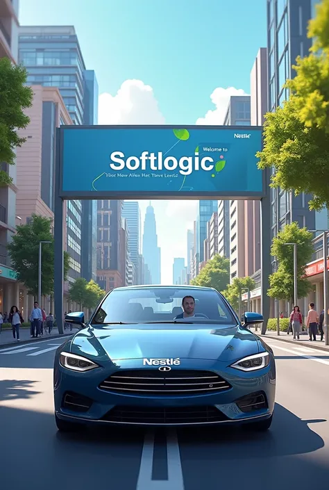 Create an image that shows a Nestle branded car enters the city with a signboard at the entrance that says “Welcome to Softlogic Life”