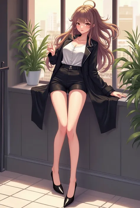 generate me a woman in shorts and black elegant high b in anime style