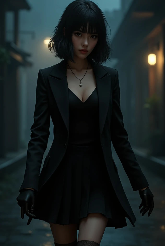 Girl in a black skirt, black jacket and black glove