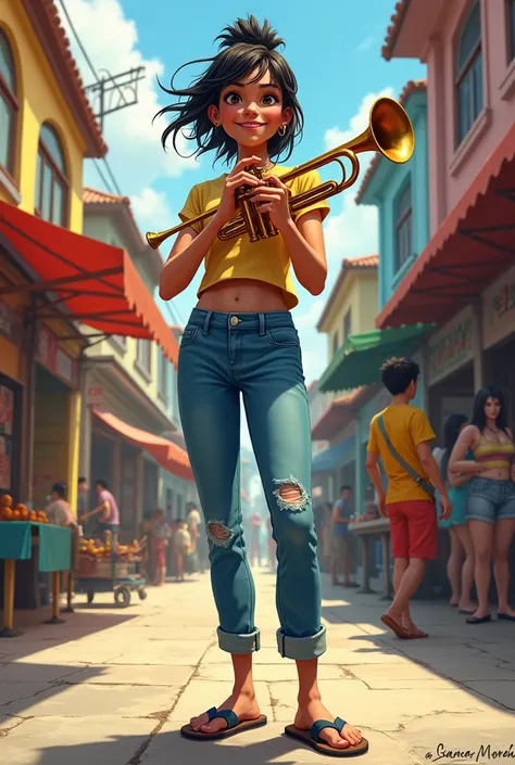 Trumpet girl in jeans and flip flops playing 