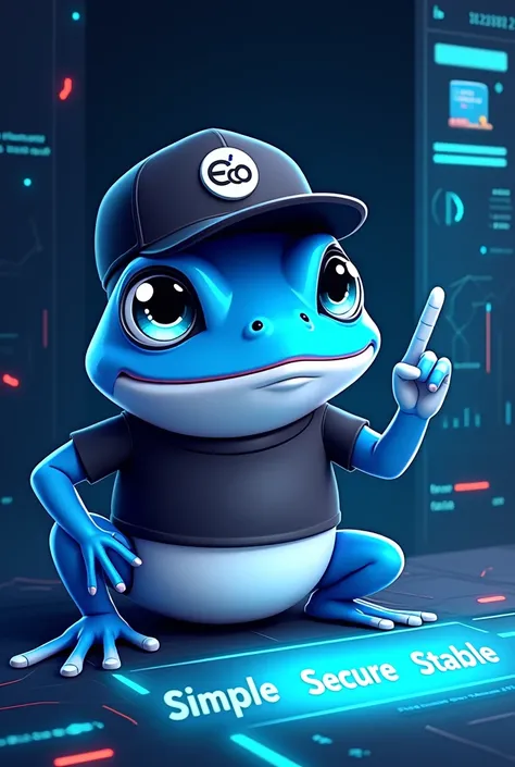 A cartoon anthropomorphic frog with vibrant azure blue skin and a white underside, smiling with a white line along its mouth. It wears a black cap with a stylized ECO logo and a matching black t-shirt. The frogs glossy, large eyes have shades of blue and t...