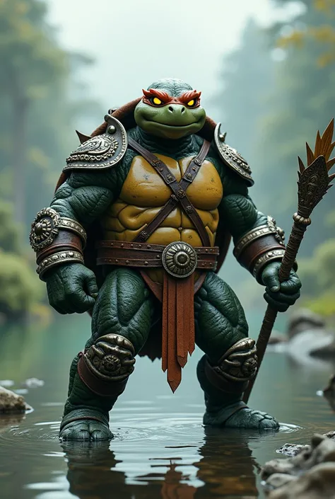  high quality,  8k Ultra HD, a muscular turtle with glowing yellow eyes warrior in armor,  on two legs with a combat staff in its hands, with a beautiful lake in the background ,  from the front  