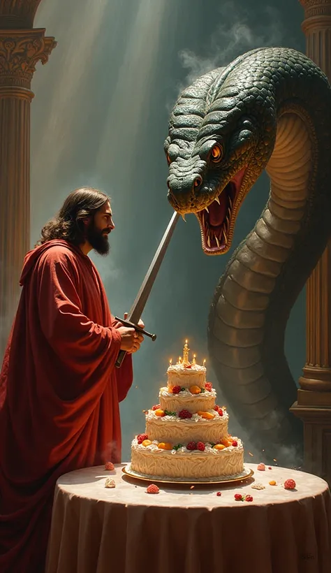 Jesus Christ standing with a sword and a Sucuri facing Jesus Christ. A table with delicious birthday cake with a slice removed from the cake.