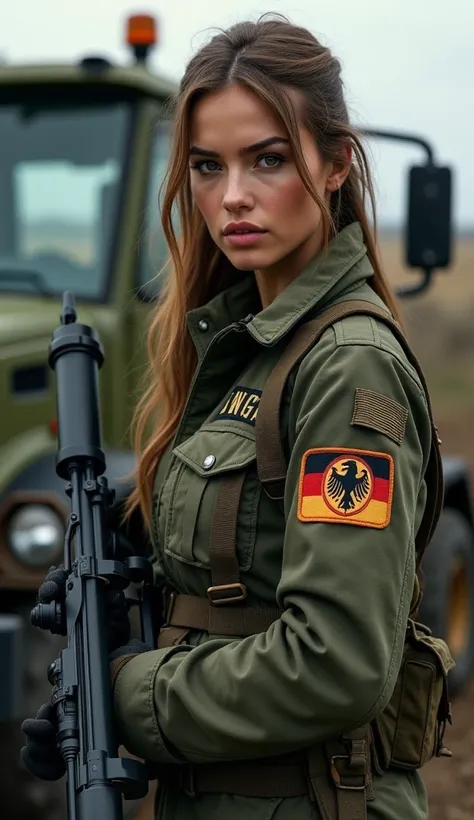 The words "Germany" written in large letters at the armband of the screen, A female soldier, facial mix of germany and germany woman, 22 yo, holding an a machine gun mounted on hammer truck, full battle gear, ((masterpiece, highest quality, Highest image q...