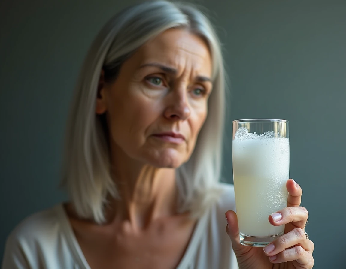 A 50-year-old woman with a glass of baking soda water 