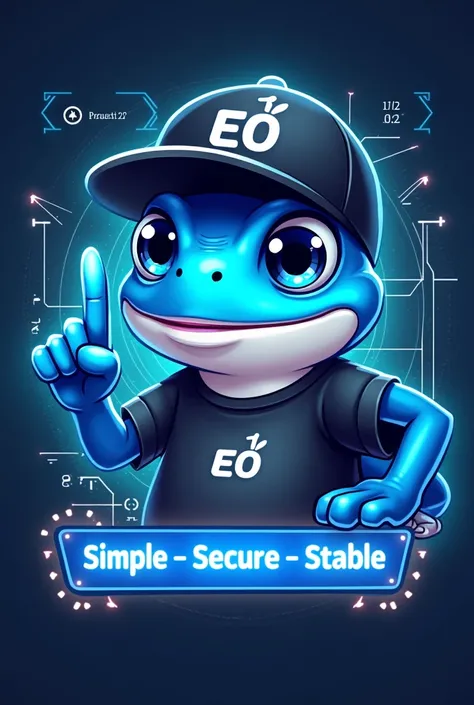 A cartoon anthropomorphic frog with vibrant azure blue skin and a white underside, smiling with a white line along its mouth. It wears a black cap with a stylized ECO logo and a matching black t-shirt. The frogs glossy, large eyes have shades of blue and t...