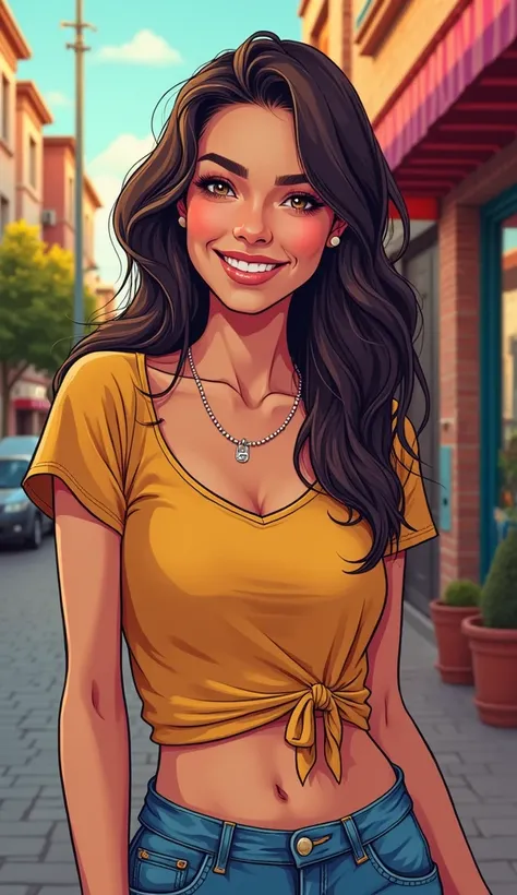 DISCREET image. with discreet casual clothes. image adult woman, american, comic book style. happy. IMAGES WITH VIBRANT COLORS.