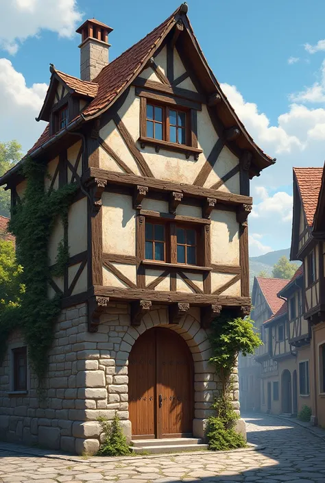 Illustration of the facade of an old building made of wood and Alsatian stone 