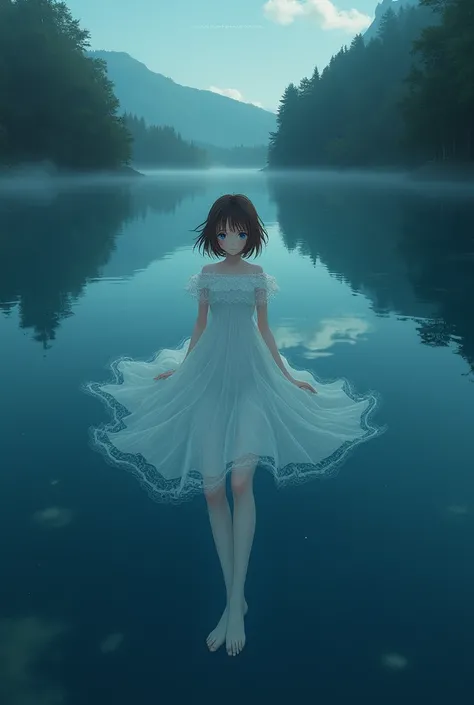 A 17-year-old girl sinking under the lake in a dress that matches the stage.  She has shoulder-length brown hair, pale skin and sky eyes .  Anime mystery