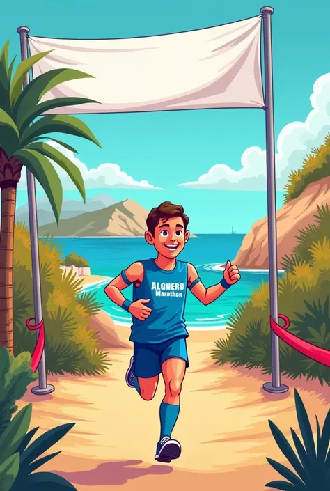 Create me a PRIZE VOUCHER for the first classified of the CORPORATE SAMPLE of the ASD ALGHERO MARATHON, with some images relating to the race and Sardinia, using cartoon style. In a banner put the words "CAMPIONATO SOCIETARIO 2024" and a white space to ins...