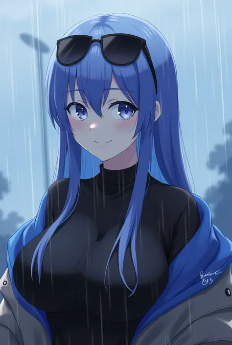 1girl, rain, breasts, looking at viewer, eyewear on head, long hair, solo, bangs, inside, sunglasses, black sweater, long sleeves, coat, blue hair, cleavage, jacket, smile, hair between eyes, blue sky, blurry, blue eyes, super large breasts, coat on should...