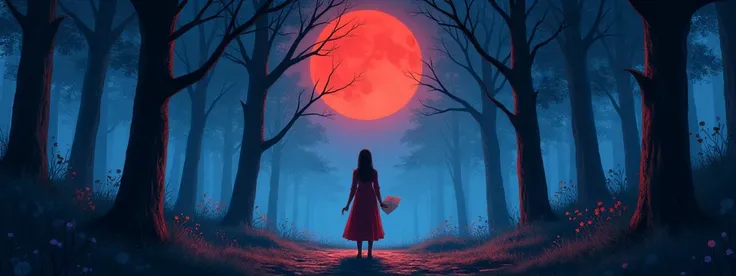 hand drawn illustration of a person holding a letter performing a ritual in the middle of the forest at night with a red moon,  conceptual art,under the，  anime style  ，Dreamland Wonderland、Fantasy，    masterpiece  ，HD，colorful， detailed details 