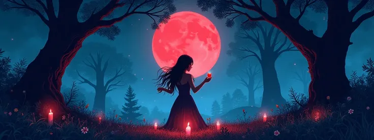 hand drawn illustration of a person holding a card performing a ritual in the middle of the forest at night with a red moon,  conceptual art,under the，  anime style  ，Dreamland Wonderland、Fantasy，    masterpiece  ，HD，colorful， detailed details 