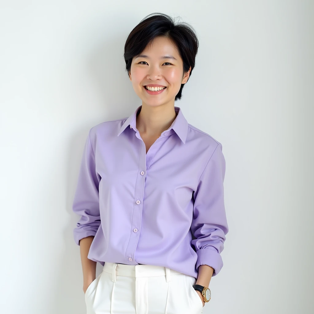 The main character is a full-length photo of a 40-year-old Taiwanese woman with short dark hair. She is smiling. She is wearing a lavender shirt and white pants. The background is neutral, with a white wall.