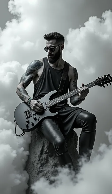 The image shows a hyper-realistic black marble statue of a handsome rocker man, with a beard, a trendy haircut, glasses, lots of tattoos, in a black tunic, sitting playing an electric guitar in a three-dimensional space full of white clouds. Conceptual and...