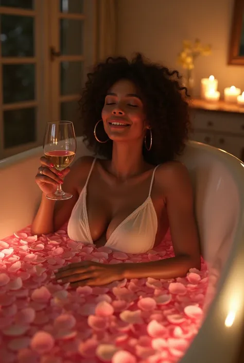 mixrace lady enjoys with the bath tub, rose on the water on the tub which she holds a glass of wine and she really feeled relaxed and stress free