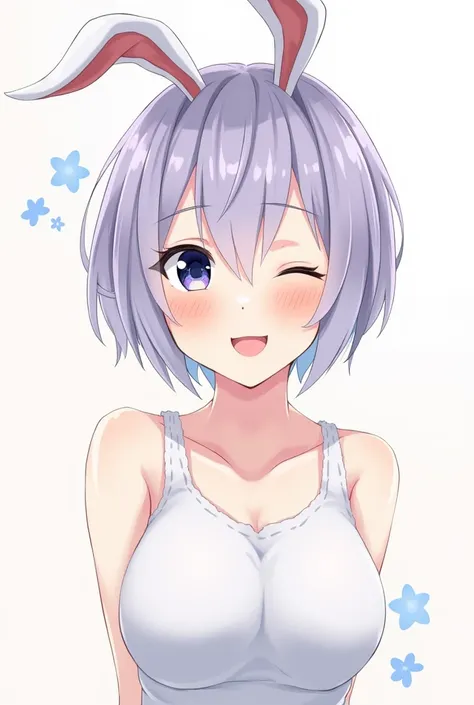  a girl, breasts,  short hair,  Masterpiece,  Anatomically correct ,  High resolution ,  Precise,  Precise, Damaged, Damaged, Detail,  short hair,  big breasts,  rabbit ears , breasts, smile,  blue eyes ,  eyes closed,  Violet eyes , Ojos rojos, Open mouth...