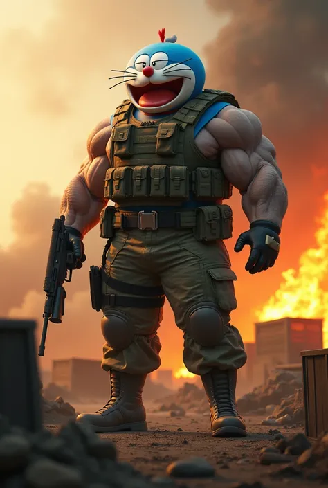 An 8k hyper-realistic scene of an anthropomorphic Doraemon with an imposing, muscular physique, depicted as a soldier in a dramatic battlefield setting. The Doraemon wears camouflage pants, military boots and a tactical vest, holding a rifle in one hand. H...