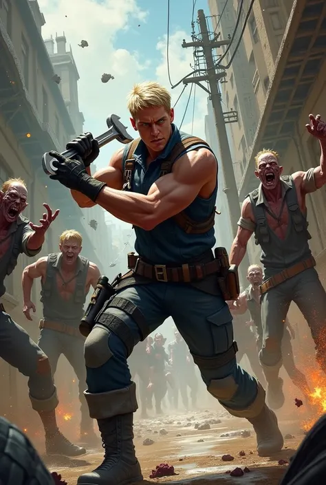 A dynamic and intense action scene, painted in an impressionistic style, depicting a young man with short bleached hair as a heroic plumber in the Resident Evil universe. He is wearing rugged, battle-worn workwear – a dark jumpsuit, a tool belt packed with...