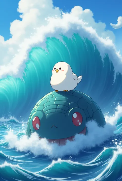 Masterpiece,Best quality, Anime style, pure white sparrow mascot, round body, fluffy body, simple face, cute appearance, The sea, a giant sea serpent monster Leviathan coming out of the sea, a white sparrow sitting on Leviathans head, big waves rising、？mar...