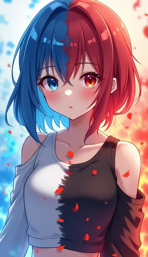 Anime, 1girl, duality, one sleeve, split the screen  into two halves, split the girl into halves, split eye color, red and blue hair, white and black crop top, red eyeshadow and blue eyeshadow, red fire and blue water, red and blue eyes, upper body, light ...