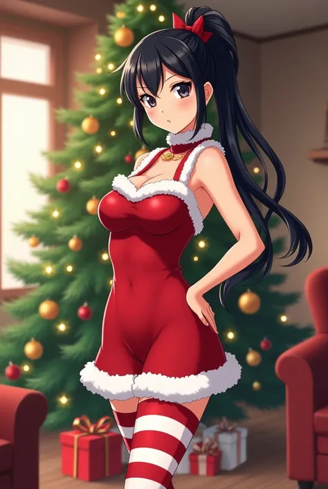  Momo Yaoyorozu beautiful adult sexy anime woman smiling black eyes BLACK HAIR TIED IN A HIGH PONYTAIL red and white Christmas dress,red and white candy stockings red ankle boots standing with hands around the waist , full body anime style in the backgroun...