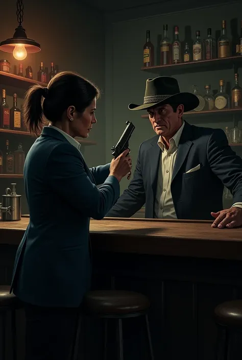 A strong dark-haired 50 year-old woman is behind a counter in a dark pub. She points a gun at a man wearing a suit and a silly cowboy hat