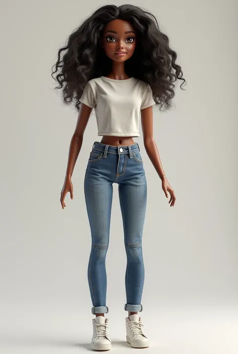  a black Barbie measuring 29 centimeters tall with a T-shirt and jeans and comfortable shoes, brown eyes and wavy hair  