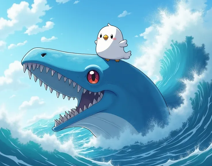 Masterpiece,Best quality, Anime style, pure white sparrow mascot, round body, fluffy body, simple face, cute appearance, The sea, a giant sea serpent monster Leviathan coming out of the sea, a white sparrow sitting on Leviathans head, big waves rising、？mar...