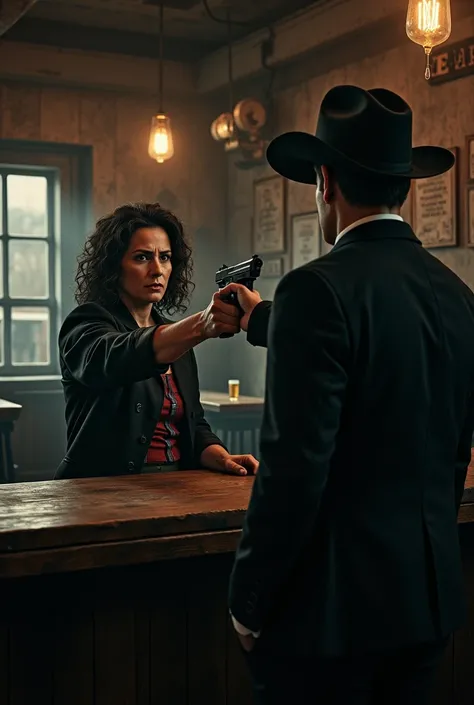 A strong dark-haired 50 year-old woman with an angry face is behind a counter in a large dark pub. She points a gun at a man wearing a suit and a ridiculous cowboy hat