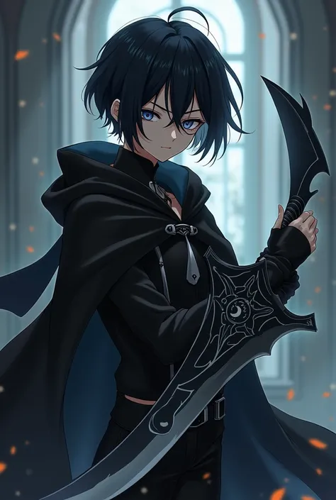 An anime 18 year s boy with short black hair and a all black demon slayer uniform with a hood white accents and a moon sword and a crescent symbol on his eye