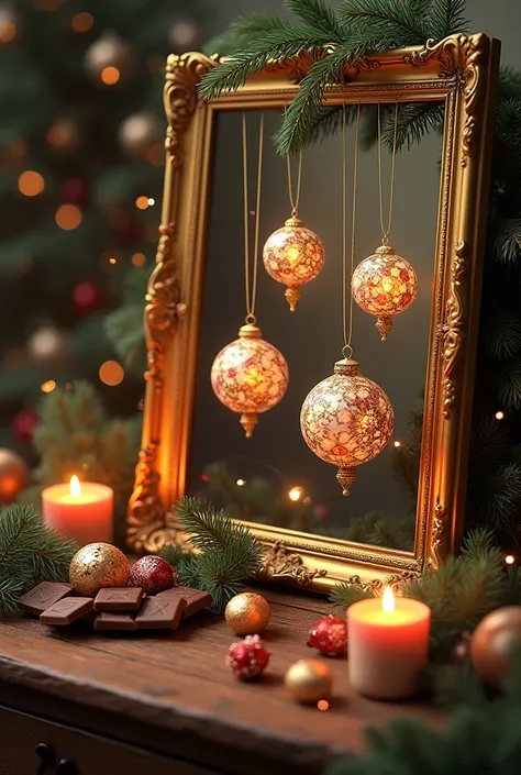 A picture with golden frames loaded with many traditional Romanian painted Christmas globes in pearly colors on the background are lit candles lying on a table loaded with fir branches, squares of chocolates and candies wrapped in tin