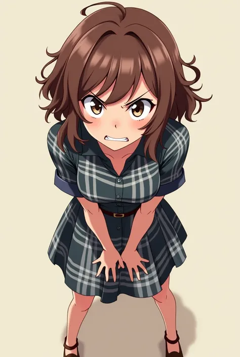 Woman anime angry upset expression plaid a line dress heels brown hair short hair hazel eyes anime pretty