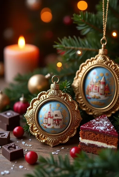 A picture with golden frames loaded with many traditional Romanian painted Christmas globes in pearly colors on the background are lit candles lying on a table loaded with fir branches, squares of chocolate candies and a slice of fruit cake