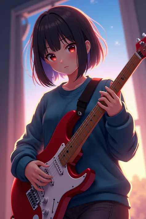 (( top quality)), ((masterpiece)), ( Details), 1girl,  playing electric guitar、 sweater 、Bobbed hair、anime、