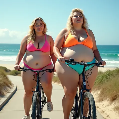 Two women are super obese with beautiful faces, they are crushing the saddle of a bicycle with their buttocks. They are wearing fashionable and vivid colored bikinis and are on a bike path by the beach with a beautiful sea view, their huge buttocks and a l...