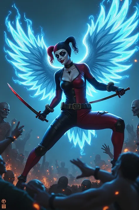 Harley Quin fighting zombies with two katanas, a Phoenix tattoo on her chest and a man turned into a Phoenix helping her surrounded by zombies and blue flames 