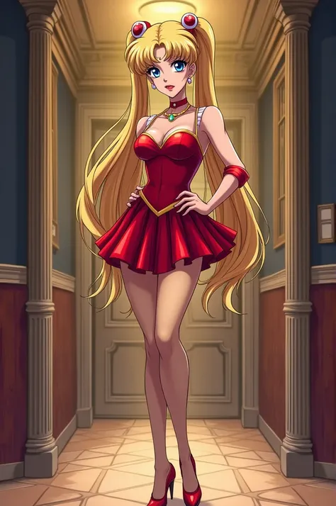 sailor moon.  She is a very attractive adult woman .  She has a curvaceous figure .  Two pigtails with blond hair and blue eyes . She is about 29 years old .  She is tall and lanky .  The woman was wearing a short and tight evening dress.  Light beige tigh...