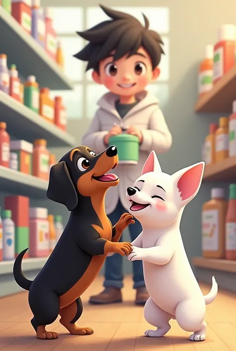 I generated an image with the prompt:  miniature dachshund （ color is black tan ）and chihuahua （Color: White） are having fun together。 drugstore shelf on background、boy character （Wearing a white coat、Short black hair）There are。 realistic look、He smiles.、 ...