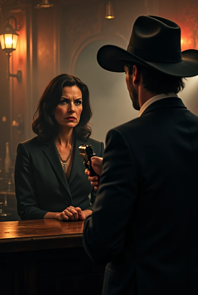 A strong dark-haired 50 year-old woman with an angry face is behind a counter in a large dark pub. The woman holds a gun and points it at a man wearing a suit and a ridiculous cowboy hat