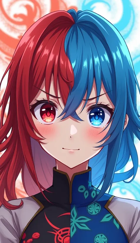 Anime, duality, one sleeve, split the screen  into two halves, split  into halves, half  gorgeous girl and half male man, split eye color, red man and blue  female hair,  red man eyeshadow and blue female eyeshadow, red fire  muscular man and blue water lo...