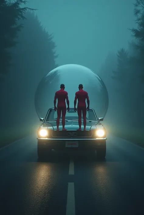 A car with its lights on on a road at night with fog was night and in front of the car there is a transparent sphere with two men dressed in red with a wetsuit inside