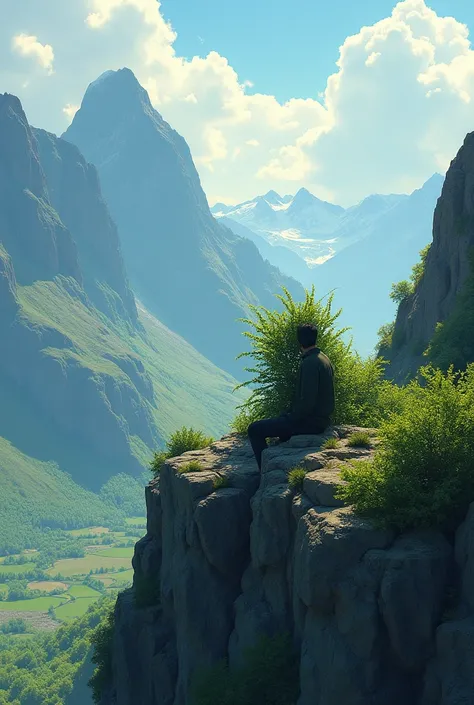 Person sitting on a mountain whose view is being blocked by a bush 