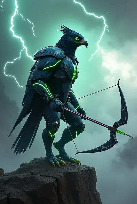 Blitz (Seattle Seahawks)

Prompt: " An anthropomorphic falcon with blue and green metallic feathers .  He wears a futuristic battle armor that emits bright green lights.  His claws are sharp and coated with steel ,  holding a bow that shoots energetic arro...