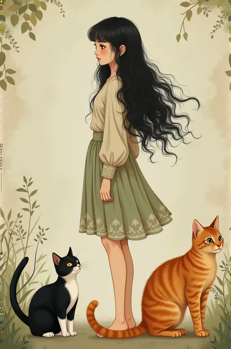 A vietnamese girl with long black curly hair, vintage mori girl style, tall and thin, standing with two cat: an orange cat who have a short tail and a tuxedo cat, the orange cat is bigger than the tuxedo cat