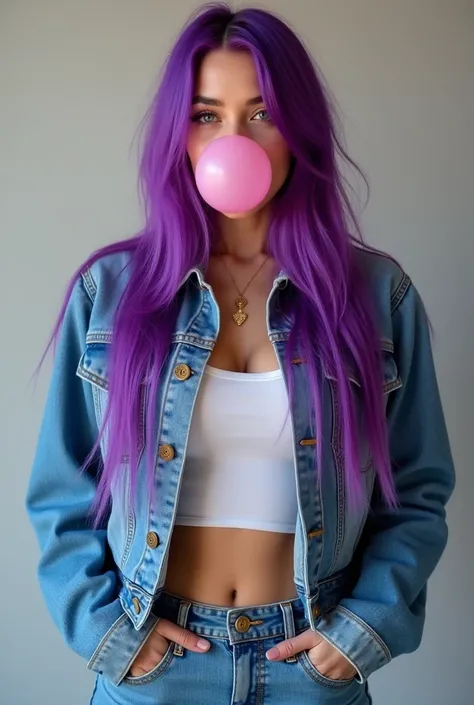 A beautiful caucasian English girl Kenna James with long bright purple hair,, age 25, blowing a bubblegum bubble| Wearing a sexy blue denim jacket and jeans outfit | hands in her jacket pockets | big eyes | blowing a (big pink bubblegum bubble)  from her l...